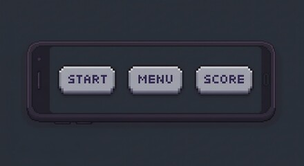 Pixelated phone screen with game buttons: start, menu, score