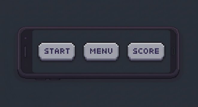 Pixelated phone screen with game buttons: start, menu, score