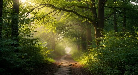 Obraz premium Sunlight Path Through Lush Forest.