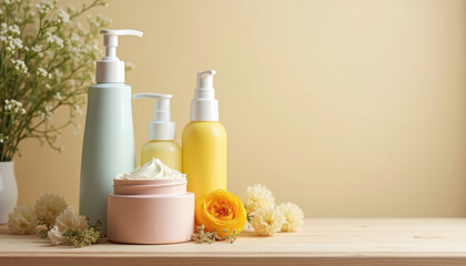 Beauty products and flowers create a calming skincare scene on a wooden surface.