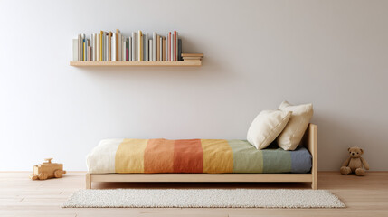 Charming minimalist children's room featuring a small wooden bed with pastel rainbow-striped linen and a cozy atmosphere. Perfect for a playful and serene environment.