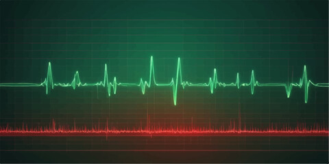 A vibrant green cardiogram wave illustrates a healthy heartbeat on an EKG monitor