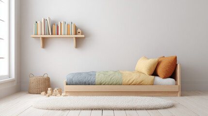 Charming minimalist children's room featuring a small wooden bed with pastel rainbow-striped linen and a cozy atmosphere. Perfect for a playful and serene environment.
