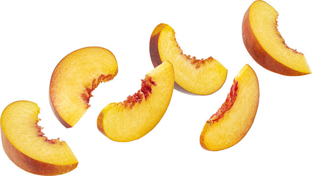 Falling peach slices isolated