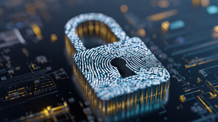 digital fingerprint merging with padlock icon over circuit board identity safeguarding visual illustration concept scene visual for commercial design use high detail quality stock image illustration