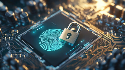 digital fingerprint merging with padlock icon over circuit board identity safeguarding visual illustration concept scene visual for commercial design use high detail quality stock image illustration