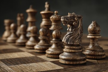 Fototapeta premium Wooden Chess Pieces on Board, Strategic Position, Dark Background, Game Preparation