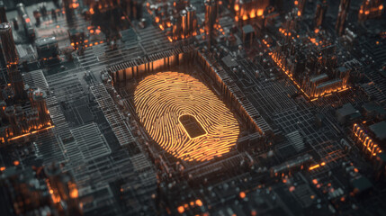 digital fingerprint merging with padlock icon over circuit board identity safeguarding visual illustration concept scene visual for commercial design use high detail quality stock image illustration