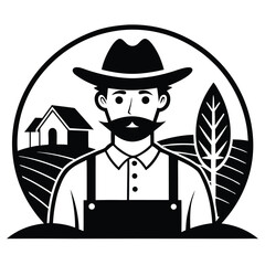 Black and White Farmer Icon with Hat, Field, Farmhouse, and Tree Design