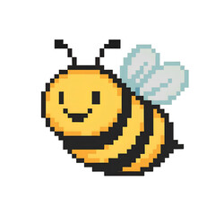 Fototapeta premium A cute, pixelated bee smiling with its yellow and black stripes, on transparent background PNG