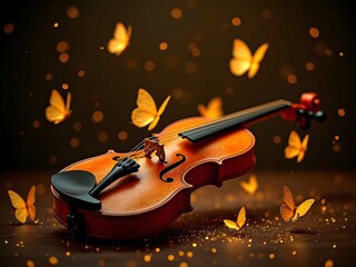 A violin rests on a dark surface surrounded by golden butterflies and sparkles.