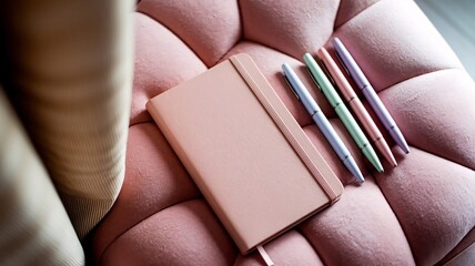 Pastel pens rest on a pink notebook