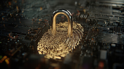 digital fingerprint merging with padlock icon over circuit board identity safeguarding visual illustration concept scene visual for commercial design use high detail quality stock image illustration