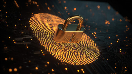 digital fingerprint merging with padlock icon over circuit board identity safeguarding visual illustration concept scene visual for commercial design use high detail quality stock image illustration