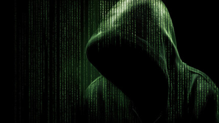 Mysterious figure in dark hoodie is surrounded by green digital code, evoking sense of intrigue and secrecy. atmosphere suggests themes of technology and cyber security