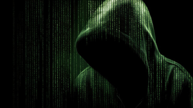 Mysterious figure in dark hoodie is surrounded by green digital code, evoking sense of intrigue and secrecy. atmosphere suggests themes of technology and cyber security