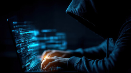 Person in hoodie is focused on laptop, with glowing code and data streams in background, creating mysterious and intense atmosphere