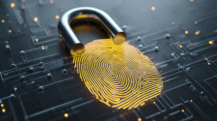 digital fingerprint merging with padlock icon over circuit board identity safeguarding visual illustration concept scene visual for commercial design use high detail quality stock image illustration