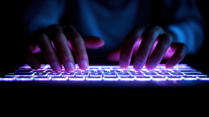 Person typing on backlit keyboard, illuminated in vibrant colors, creates modern and tech savvy atmosphere. focus on hands emphasizes action of typing, showcasing digital engagement