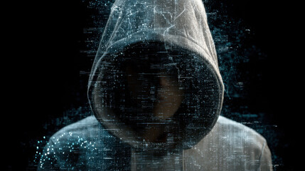 Mysterious figure in gray hoodie stands against dark background, surrounded by digital data streams and binary code, evoking sense of intrigue and technology