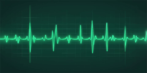 Abstract blue and green heartbeat pulse on an EKG monitor, showing a health graph and medical cardiogram wave