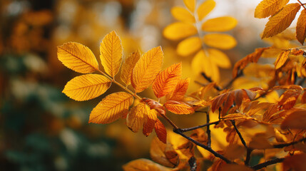 Obraz premium Golden autumn leaves create warm and inviting atmosphere, showcasing vibrant shades of yellow and orange against blurred background. beauty of nature is captured in this serene moment