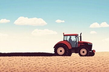Tractor working on farmland creating straight lines in the soil under a clear blue sky