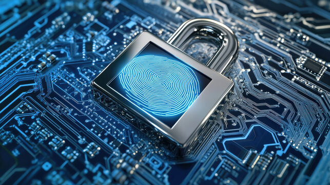 digital fingerprint merging with padlock icon over circuit board identity safeguarding visual illustration concept scene visual for commercial design use high detail quality stock image illustration