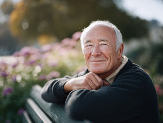 Serene portrait of a mature man relaxing outdoors. The soft light and pleasant expression convey wisdom, contentment, and wellbeing. Ideal for aging, healthcare, and lifestyle themes.
