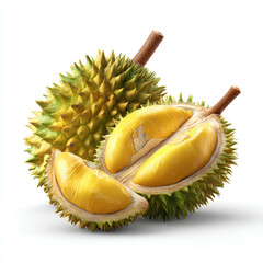 Fototapeta premium Fresh Durian Fruit with Yellow Flesh on White Background