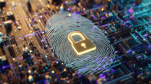 digital fingerprint merging with padlock icon over circuit board identity safeguarding visual illustration concept scene visual for commercial design use high detail quality stock image illustration