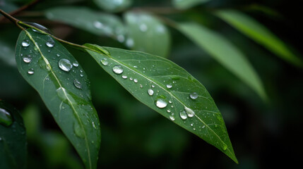 Fresh green leaves adorned with water droplets create serene and refreshing atmosphere, showcasing nature beauty and intricate details of plant life