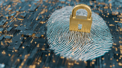 digital fingerprint merging with padlock icon over circuit board identity safeguarding visual illustration concept scene visual for commercial design use high detail quality stock image illustration