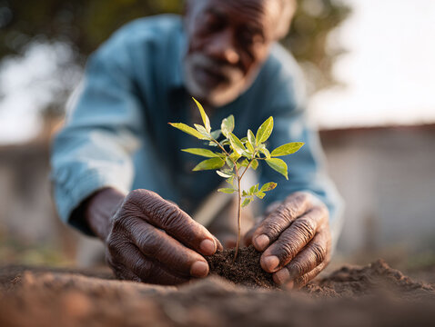 Elderly hands gently plant a young sapling in fertile soil. Symbolizes hope, growth, legacy, and environmental care. Perfect for sustainability, agriculture, or generational projects. - Powered by Adobe