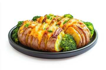 Delicious loaded baked potatoes with broccoli and cheese served on a black plate