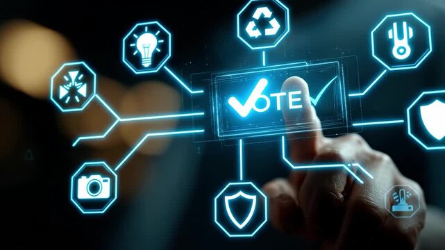 Digital Vote: A futuristic display showcases a hand selecting vote in a digital interface, symbolizing a modern, tech-driven approach to civic engagement.