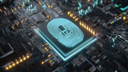 digital fingerprint merging with padlock icon over circuit board identity safeguarding visual illustration concept scene visual for commercial design use high detail quality stock image illustration