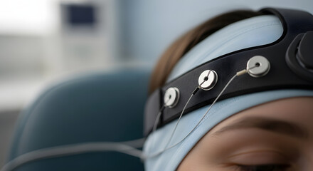 Close-up of a person wearing an EEG cap for brainwave monitoring in a medical setting