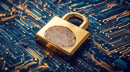 digital fingerprint merging with padlock icon over circuit board identity safeguarding visual illustration concept scene visual for commercial design use high detail quality stock image illustration