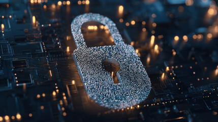 digital fingerprint merging with padlock icon over circuit board identity safeguarding visual illustration concept scene visual for commercial design use high detail quality stock image illustration