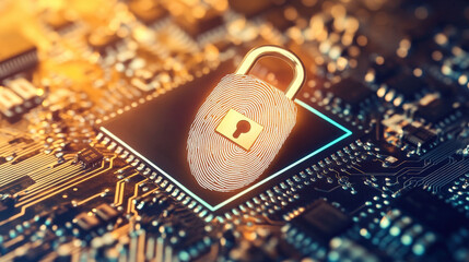 digital fingerprint merging with padlock icon over circuit board identity safeguarding visual illustration concept scene visual for commercial design use high detail quality stock image illustration