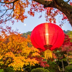 Obraz premium Autumnal lantern hanging amongst vibrant foliage