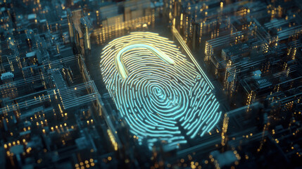 digital fingerprint merging with padlock icon over circuit board identity safeguarding visual illustration concept scene visual for commercial design use high detail quality stock image illustration