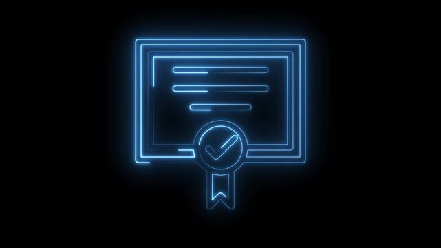 Animated neon certificate of completion with checkmark glowing on a black background