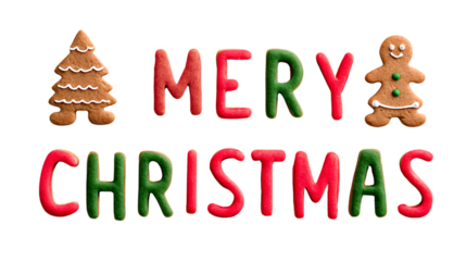 Merry christmas text made of gingerbread cookies isolated on transparent background