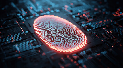 digital fingerprint merging with padlock icon over circuit board identity safeguarding visual illustration concept scene visual for commercial design use high detail quality stock image illustration