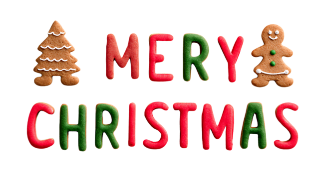 Merry christmas text made of gingerbread cookies isolated on transparent background