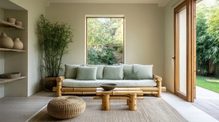 Green and neutral tone living room with peaceful relaxing vibe