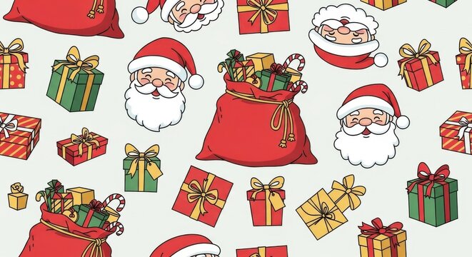 Cheerful christmas pattern with santa claus faces and presents illustration