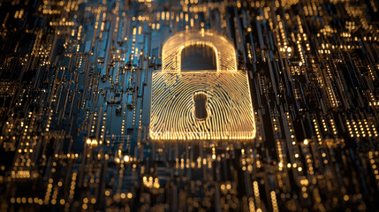 digital fingerprint merging with padlock icon over circuit board identity safeguarding visual illustration concept scene visual for commercial design use high detail quality stock image illustration
